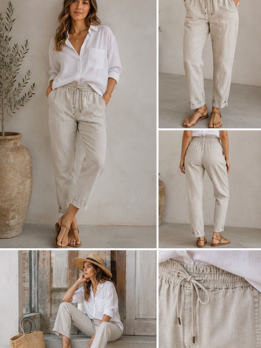 Linen blend pull on jogger pants women’s medium beige tapered casual coastal